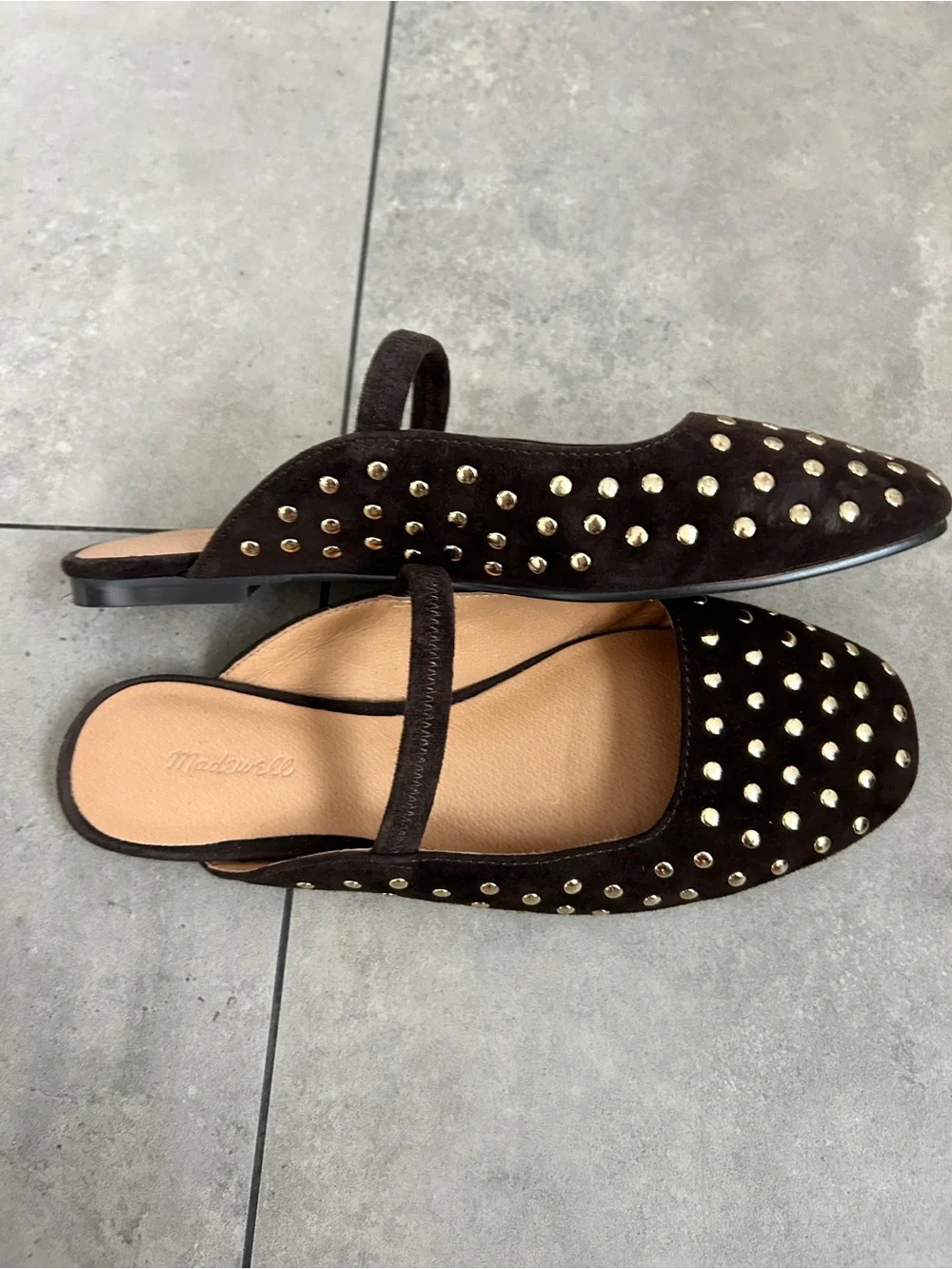 Madewell Greta Ballet Flat Mules Studded Suede Brown 6